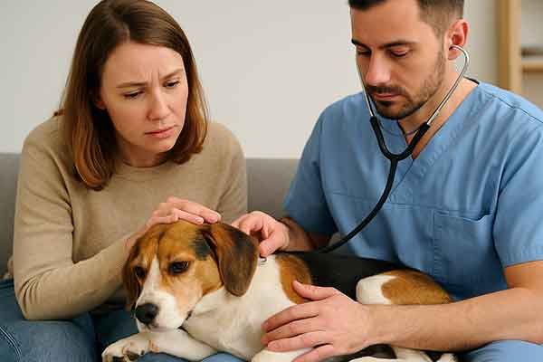 A veterinarian examining a dog's chest with a stethoscope