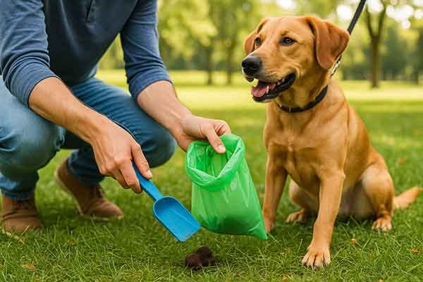 An owner cleans up his dog's poop
