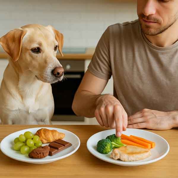 The owner is trying to choose food suitable for the dog