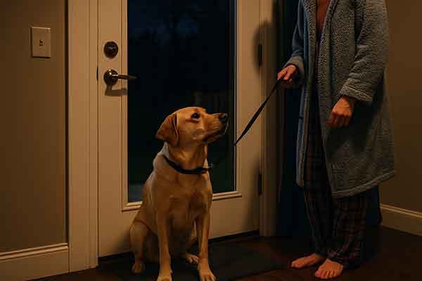 The owner takes the dog to the toilet at night