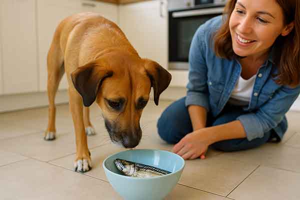 a dog eating mackerel