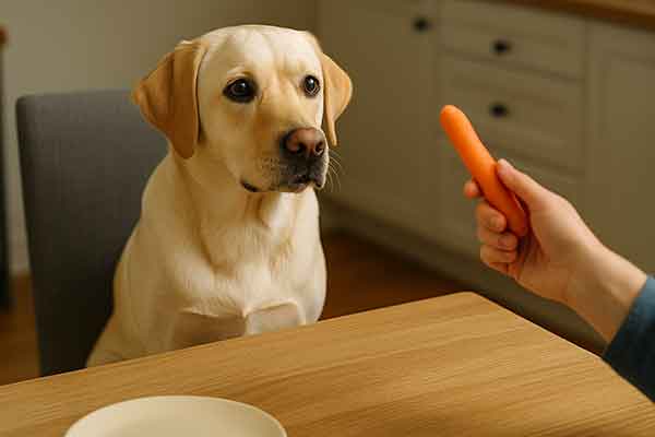 A Labrador retriever looking at a carrot