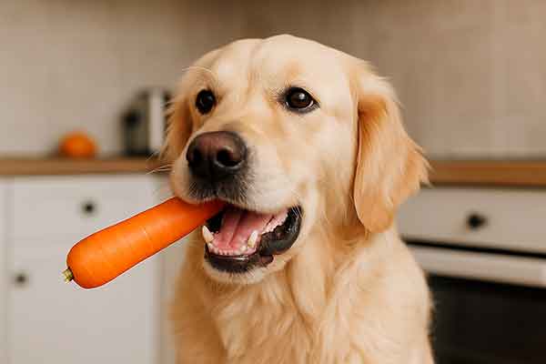 A dog chewing a fresh carrot