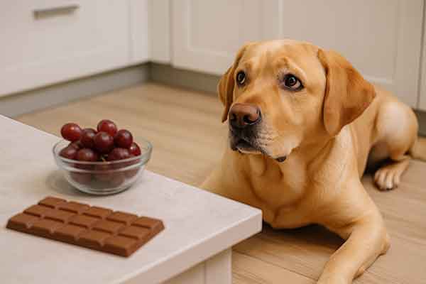 A dog looks at chocolate and grapes