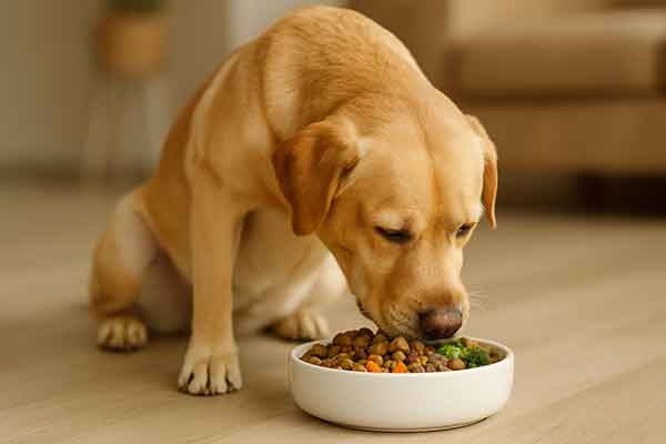 A golden retriever eating a bowl of healthy dog ​​food