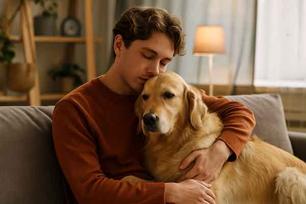 A golden retriever lies quietly on the lap of its owner